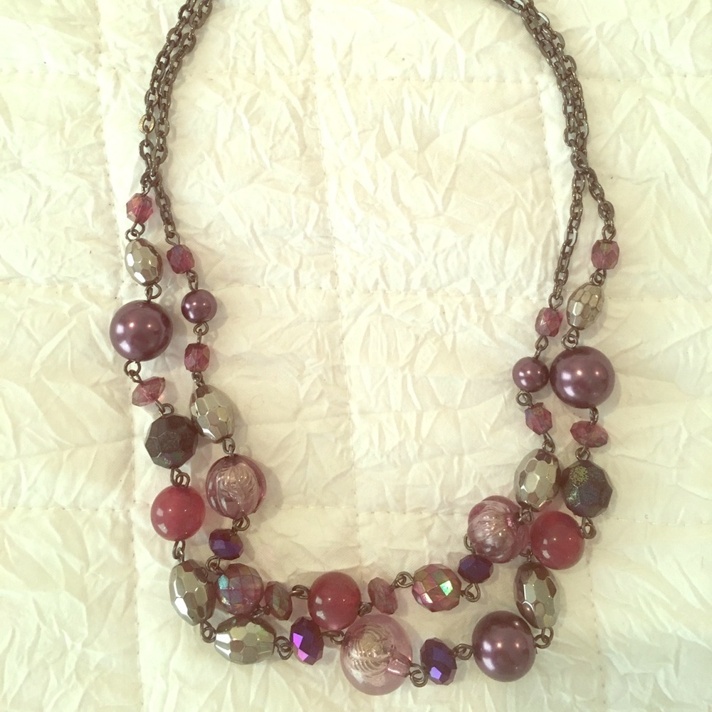 Purple toned two strand dangle necklace